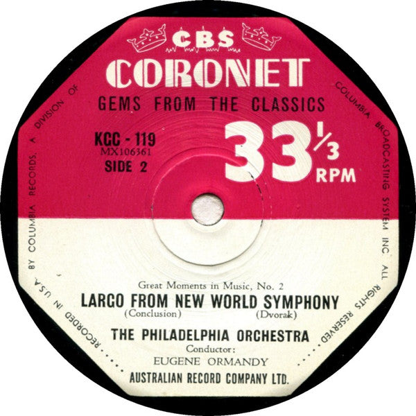 The Philadelphia Orchestra Conductor Eugene Ormandy : Great Moments In Music No. 2: Largo from Dvorak's New World Symphony (7", EP)