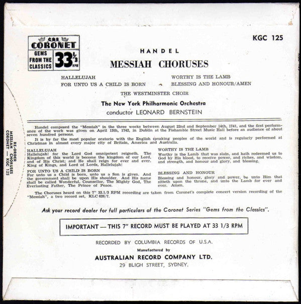 Westminster Symphonic Choir And New York Philharmonic, Leonard Bernstein : Messiah Choruses (7", EP)