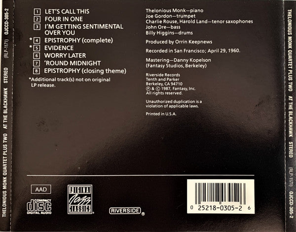 Thelonious Monk Quartet Plus Two* : At The Blackhawk (CD, Album, RE)