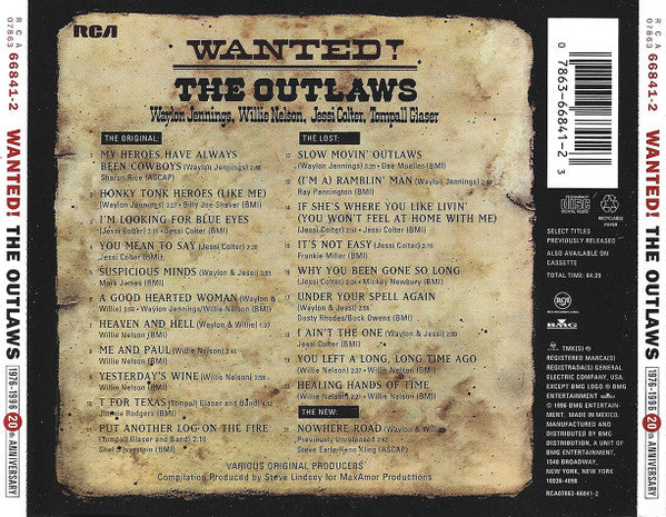 Waylon Jennings, Willie Nelson, Jessi Colter, Tompall Glaser : Wanted! The Outlaws (1976-1996 20th Anniversary) (CD, Comp, RE, RM)
