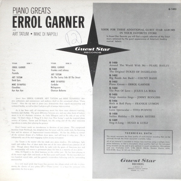 Erroll Garner and Art Tatum / Mike Di Napoli : Piano Greats (LP, Album, Comp, Mono)