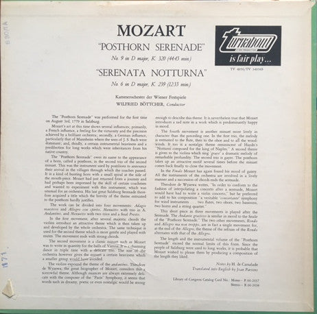 Mozart* - Kammerorchester Der Wiener Festspiele / Wilfried Böttcher* : "Posthorn Serenade" No. 9 In D Major, K. 320 - "Serenata Notturna" No. 6 In D Major, K. 239   (LP)