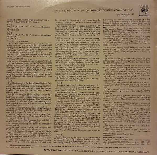Puccini*, André Kostelanetz And His Orchestra : La Boheme For Orchestra (LP)