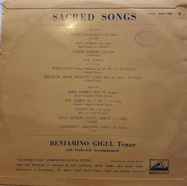 Beniamino Gigli : Sacred Songs (LP, Comp, Mono)