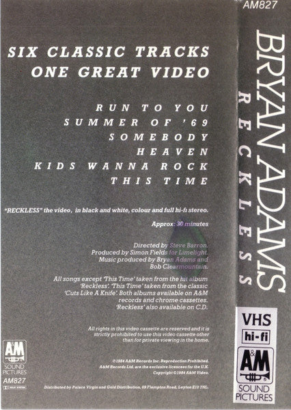 Bryan Adams : Reckless (VHS, Album, PAL)
