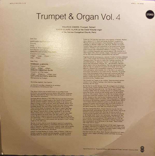 Giovanni Battista Martini, Johann Gottfried Walther, Tomaso Albinoni, Johann Christian Bach Performed By Maurice André, Marie-Claire Alain : Trumpet & Organ Vol.4 (LP, Album, Club)