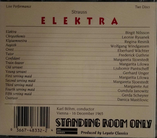 Richard Strauss, Birgit Nilsson, Leonie Rysanek, Regina Resnik, Eberhard Wächter, Karl Böhm : Elektra (2xCD)
