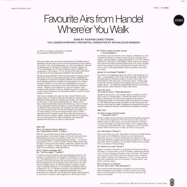 Georg Friedrich Händel / Richard Lewis (3) (Tenor) With Sir Malcolm Sargent Conducting London Symphony Orchestra : Where'er You Walk - Favourite Airs From Handel (LP, Album, Club, RE)