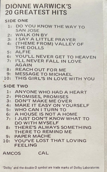 Dionne Warwick : 20 Greatest Hits (Cass, Comp, Whi)