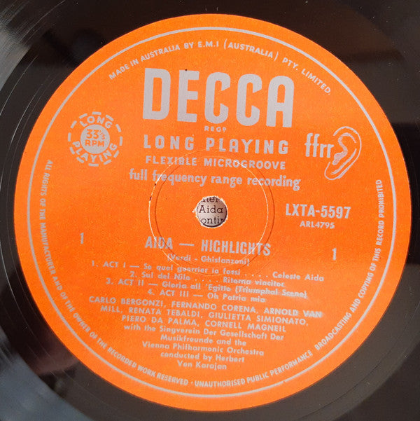 Giuseppe Verdi, Renata Tebaldi, Carlo Bergonzi, Giulietta Simionato, Wiener Philharmoniker, Herbert von Karajan : Aida Highlights (LP, ful)