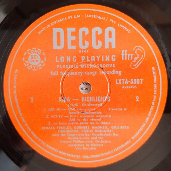 Giuseppe Verdi, Renata Tebaldi, Carlo Bergonzi, Giulietta Simionato, Wiener Philharmoniker, Herbert von Karajan : Aida Highlights (LP, ful)