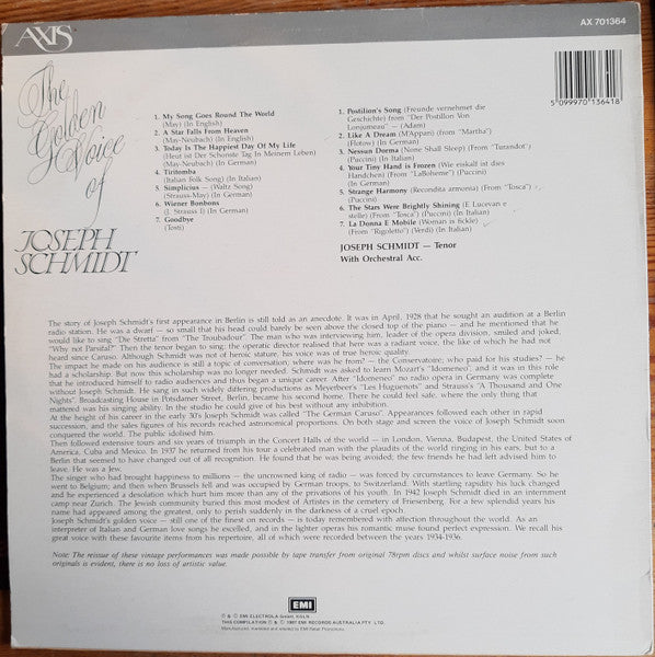 Joseph Schmidt : The Golden Voice Of Joseph Schmidt (LP, Comp)