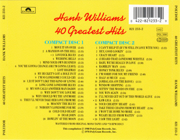 Hank Williams : 40 Greatest Hits (2xCD, Comp, RE)