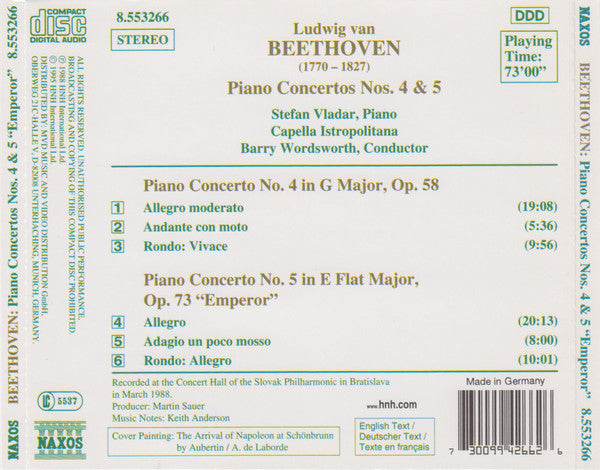 Beethoven* - Stefan Vladar, Capella Istropolitana, Barry Wordsworth : Piano Concertos Nos. 4 And 5 "Emperor" (CD)