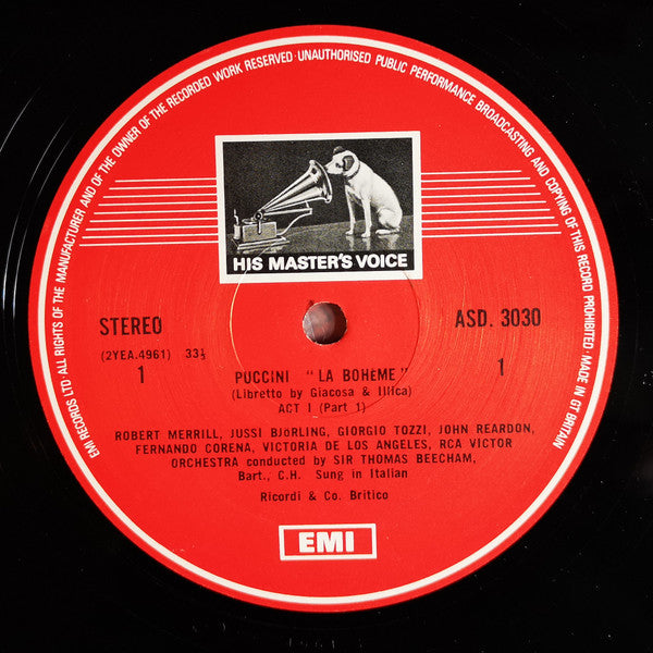 Puccini*, Victoria De Los Angeles, Jussi Björling, Lucine Amara, Robert Merrill, Giorgio Tozzi, John Riordan, Fernando Corena, Sir Thomas Beecham : La Bohème (2xLP, RE, RM + Box)