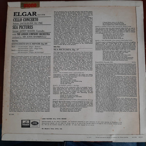 Elgar*, Jacqueline du Pré, Sir John Barbirolli, London Symphony Orchestra, Janet Baker : Cello Concerto / Sea Pictures (LP, Mono)