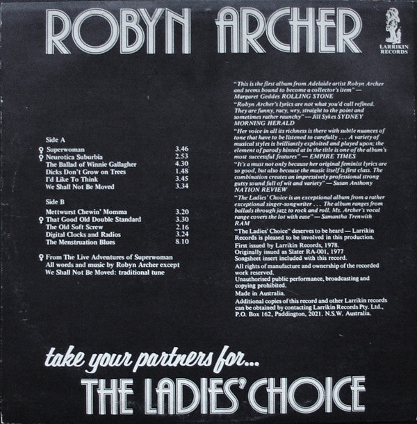 Robyn Archer : Take Your Partners For... The Ladies Choice (LP, Album, Whi)