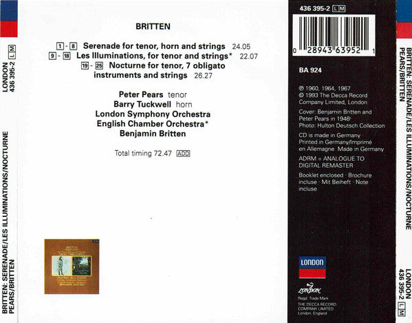 Benjamin Britten - Peter Pears, Benjamin Britten : Serenade / Les Illuminations / Nocturne (CD, Comp, RE, RM, RP)