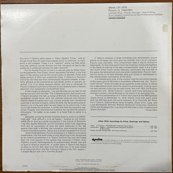 Puccini* - Leontyne Price • Placido Domingo • Sherrill Milnes : Il Tabarro (LP, Album)