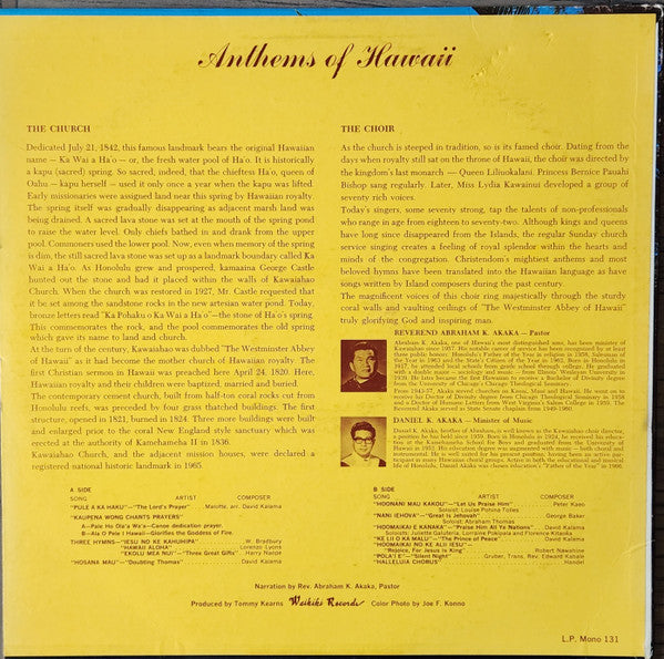 The Kawaiahao Church Choir : Anthems Of Hawaii (LP, Album, Mono)