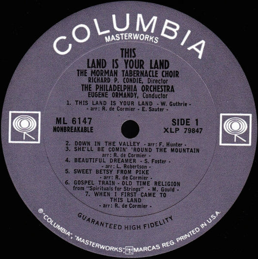 Mormon Tabernacle Choir The Mormon Tabernacle Choir The Philadelphia Orchestra : This Land Is Your Land (LP, Album, Mono, Pit)