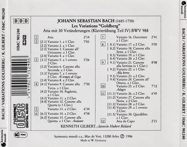 J.S. Bach* - Kenneth Gilbert : Variations Goldberg (CD, RP)