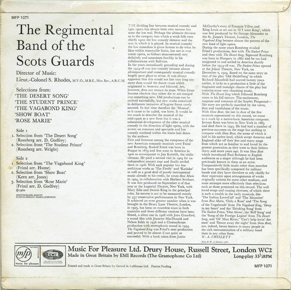 The Regimental Band Of The Scots Guards : Songs From The Shows: The Desert Song, The Student Prince, The Vagabond King, Show Boat, Rose Marie (LP, Mono, Blu)