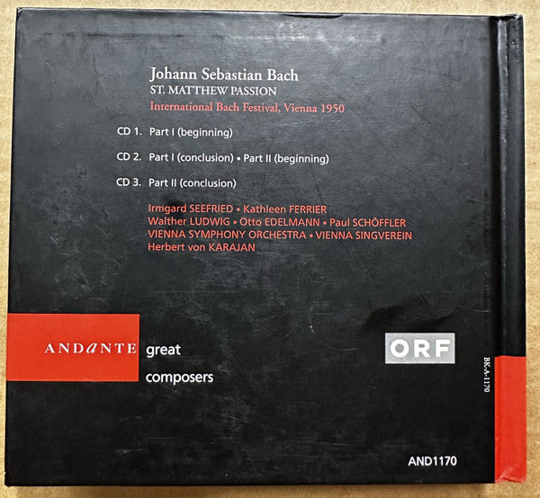 Johann Sebastian Bach, Herbert von Karajan, Vienna Symphony Orchestra*, Irmgard Seefried, Kathleen Ferrier, Walther Ludwig, Otto Edelmann, Paul Schöffler, Vienna Singverein* : St. Matthew Passion (3xCD, Album, Boo)