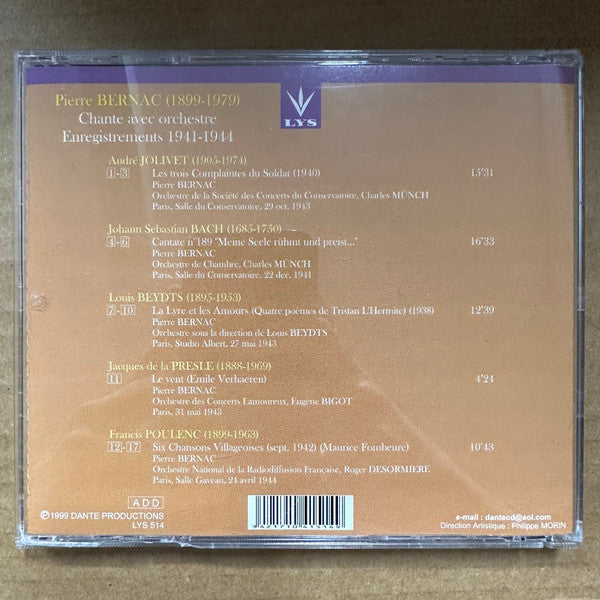 Pierre Bernac : Chante Jolivet, Bach, Beydts, de la Presle, Poulene (CD, Album, Comp)