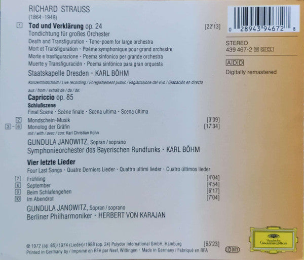 Gundula Janowitz, Karl Böhm, Herbert von Karajan : Tod und Verklärung / Vier letzte Lieder / Capriccio (CD, Comp, RM)