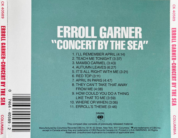 Erroll Garner : Concert By The Sea (CD, Album, Mono, RE, RM)
