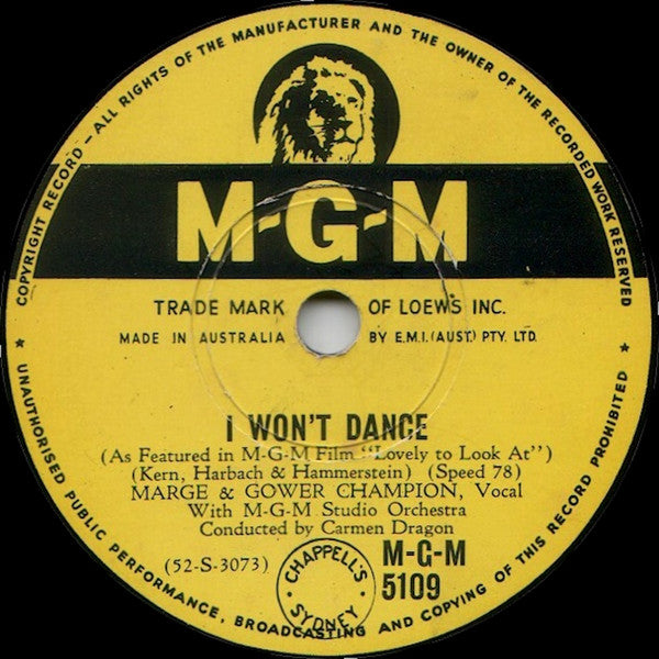 Marge & Gower Champion, K. Grayson* & H. Keel*, MGM Studio Orchestra And Chorus* : I Won't Dance / The Touch Of Your Hand / Lovely To Look At (Shellac, 10")
