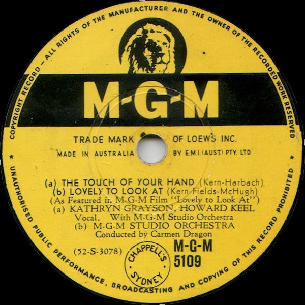 Marge & Gower Champion, K. Grayson* & H. Keel*, MGM Studio Orchestra And Chorus* : I Won't Dance / The Touch Of Your Hand / Lovely To Look At (Shellac, 10")