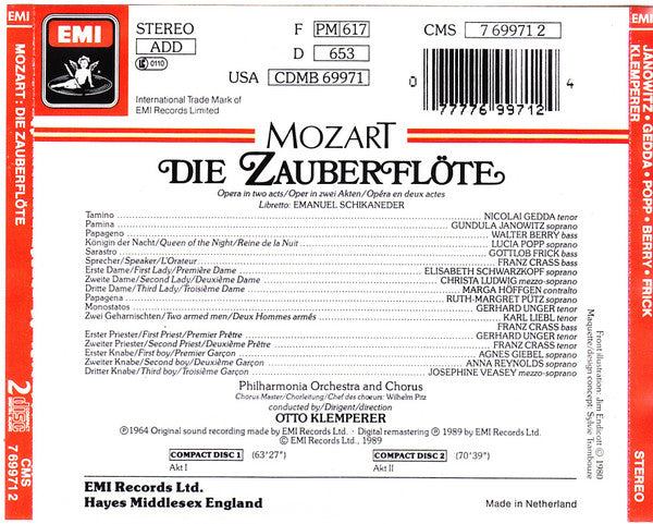 Mozart* - Janowitz* ‧ Gedda* ‧ Popp* ‧ Berry* ‧ Frick* ‧ Philharmonia Orchestra And Chorus*, Otto Klemperer : Die Zauberflöte  (2xCD, RE, RM)