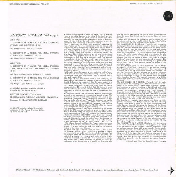 Vivaldi*, Günther Lemmen (Viola D'Amore), Jean-François Paillard Chamber Orchestra* : Four Concerti For Viola D'Amore, Strings, Woodwinds And Continuo (LP, Album, Club, RE, 3rd)