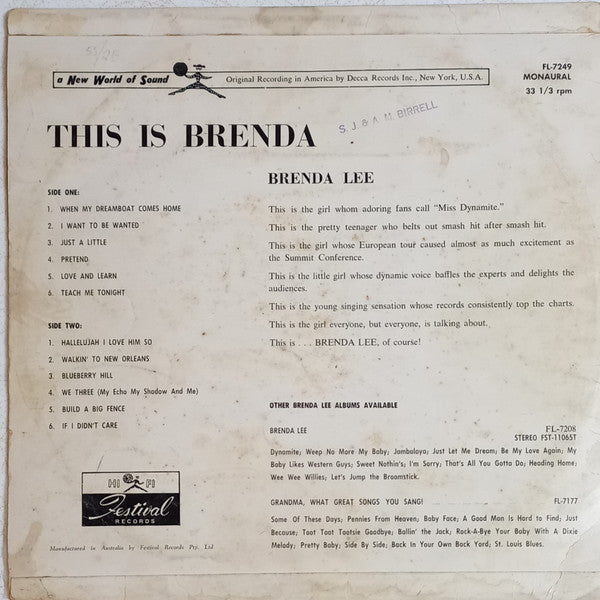 Brenda Lee : This Is Brenda (LP, Album, Mono)
