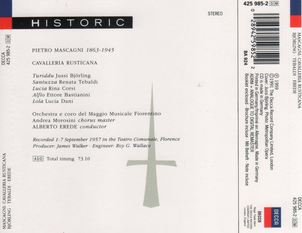 Mascagni* - Jussi Björling, Renata Tebaldi, Ettore Bastianini, Maggio Musicale Fiorentino*, Alberto Erede : Cavalleria Rusticana (CD, Album, RE)
