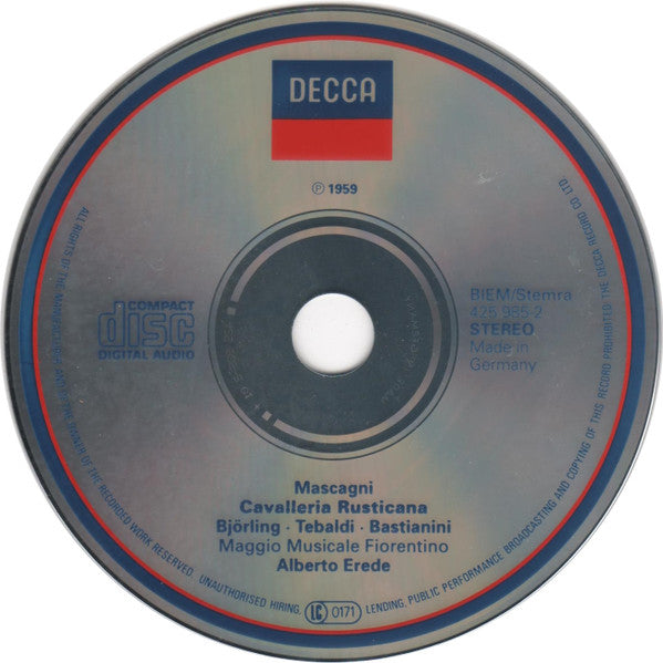 Mascagni* - Jussi Björling, Renata Tebaldi, Ettore Bastianini, Maggio Musicale Fiorentino*, Alberto Erede : Cavalleria Rusticana (CD, Album, RE)