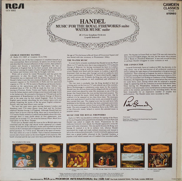 Handel* – RCA Victor Symphony Orchestra And Leopold Stokowski : Music For The Royal Fireworks Suite, Water Music Suite (LP, RE)