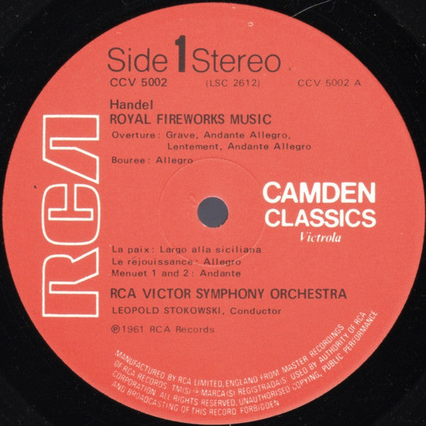 Handel* – RCA Victor Symphony Orchestra And Leopold Stokowski : Music For The Royal Fireworks Suite, Water Music Suite (LP, RE)
