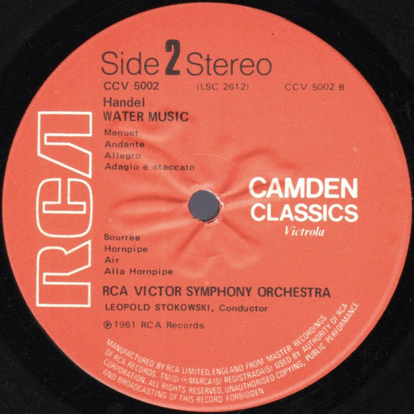 Handel* – RCA Victor Symphony Orchestra And Leopold Stokowski : Music For The Royal Fireworks Suite, Water Music Suite (LP, RE)