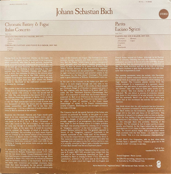 Johann Sebastian Bach / Luciano Sgrizzi : Chromatic Fantasy & Fugue / Italian Concerto / Partita (LP, Album, Club)