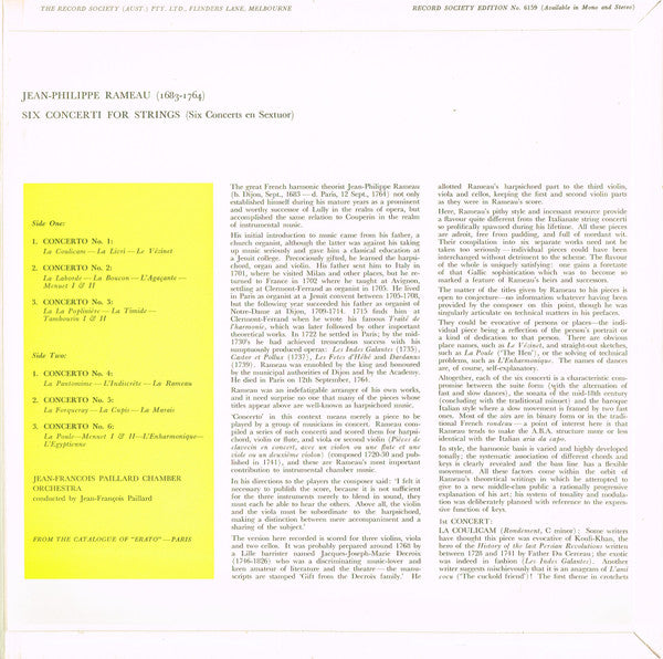 Jean-Philippe Rameau, Orchestre De Chambre Jean-François Paillard : Concerti For Strings (LP, Album, Mono, Club, Gat)