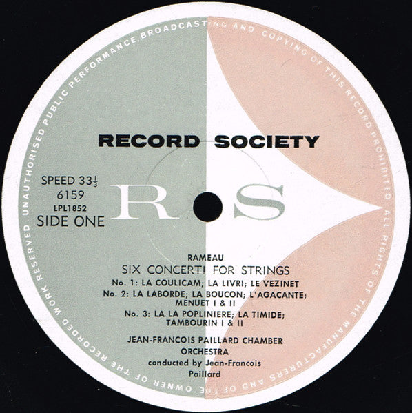 Jean-Philippe Rameau, Orchestre De Chambre Jean-François Paillard : Concerti For Strings (LP, Album, Mono, Club, Gat)