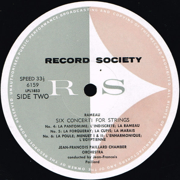 Jean-Philippe Rameau, Orchestre De Chambre Jean-François Paillard : Concerti For Strings (LP, Album, Mono, Club, Gat)