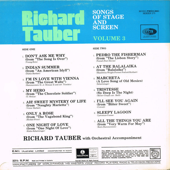 Richard Tauber : Songs Of Stage And Screen Vol. 3 (LP, Comp, Mono)