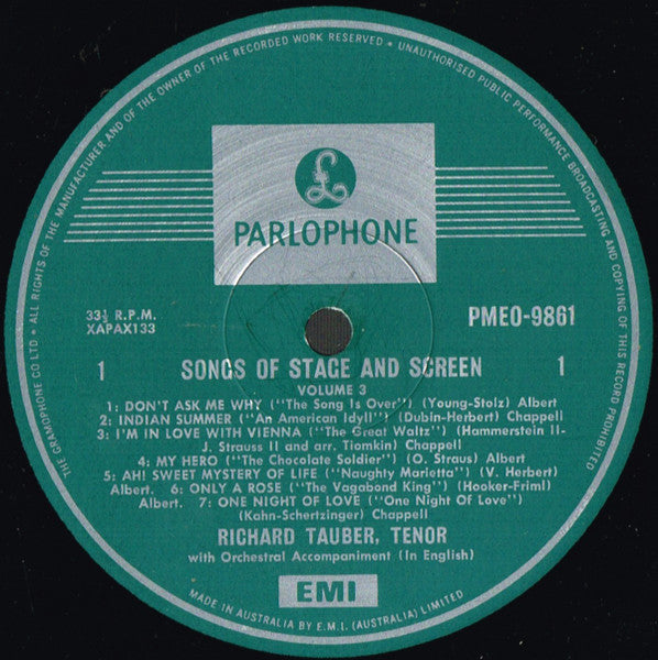 Richard Tauber : Songs Of Stage And Screen Vol. 3 (LP, Comp, Mono)