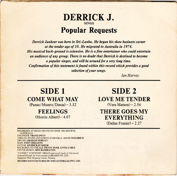 Derrick Junkeer : Derrick J. Sings Popular Requests (7")