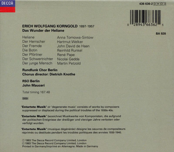 Korngold* - Tomowa-Sintow*, Welker*, De Haan*, Runkel*, Pape*, Gedda*, Rundfunk Chor Berlin*, RSO Berlin*, John Mauceri : Das Wunder Der Heliane (3xCD, Album + Box, Sli)