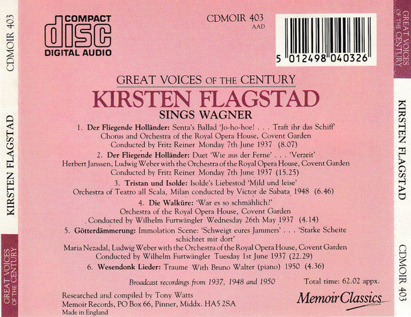 Kirsten Flagstad, Richard Wagner : Great Voices Of The Century (CD, Album, Comp, RM)